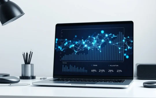 Laptop screen displaying QY Research tokenomics and blockchain visualization for the concluded presale.