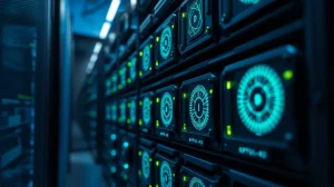 Server rack with GPUs representing the Render network's distributed computing power.