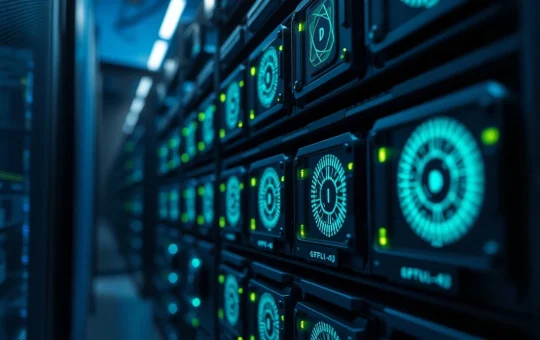 Server rack with GPUs representing the Render network's distributed computing power.