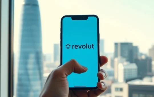 Revolut UK banking license approval shown on a smartphone with London financial district background.