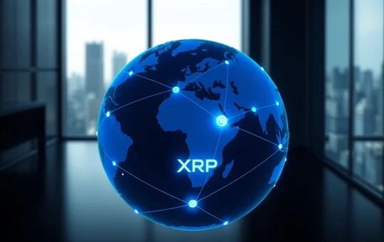 Visualization of XRP as the central node in a global blockchain finance network connecting major hubs.