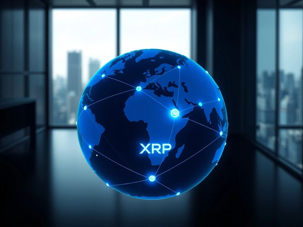 Visualization of XRP as the central node in a global blockchain finance network connecting major hubs.