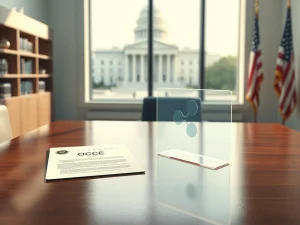 OCC document and Ripple symbol representing new banking access rules for cryptocurrency.