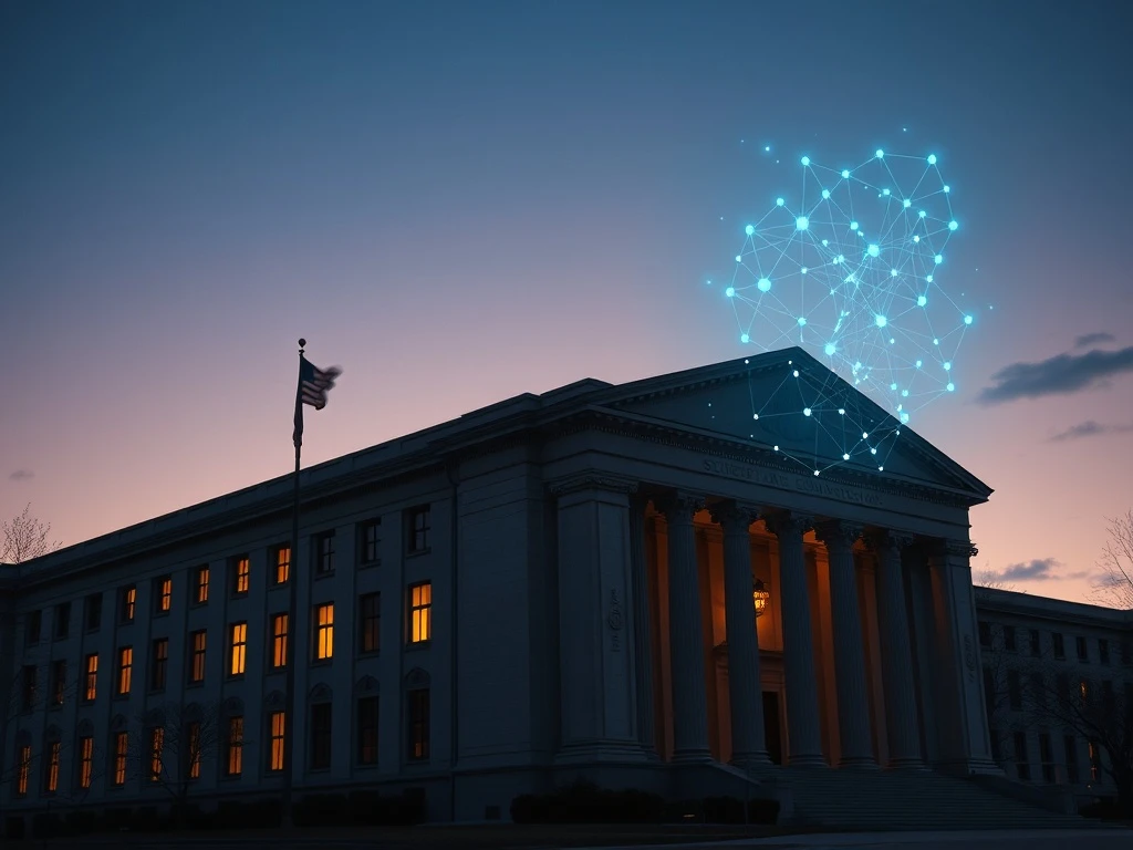 SEC headquarters Washington D.C. with digital blockchain visualization representing cryptocurrency regulation proposal