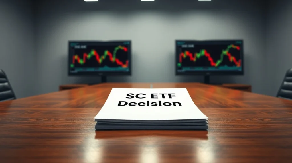 SEC document announcing crypto ETF ruling with market charts in the background.