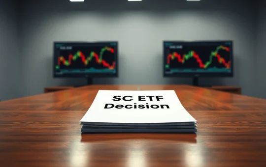 SEC document announcing crypto ETF ruling with market charts in the background.