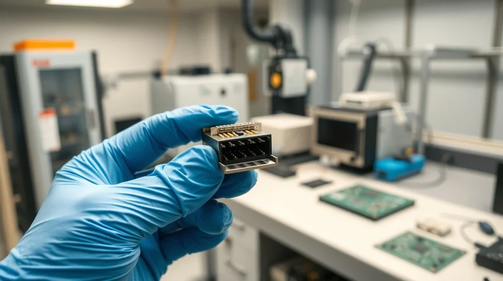 Semiconductor rubber socket held by technician in manufacturing lab for chip testing interface.