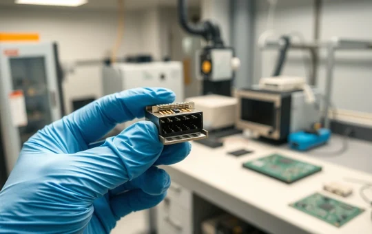 Semiconductor rubber socket held by technician in manufacturing lab for chip testing interface.