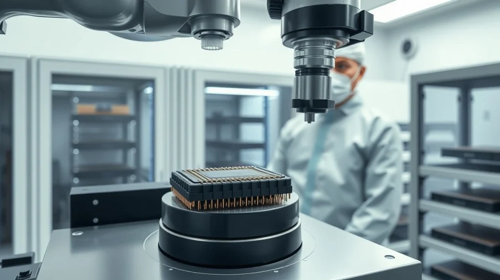 Semiconductor test socket being placed on wafer probe station in high-tech laboratory for zero-defect yield testing.