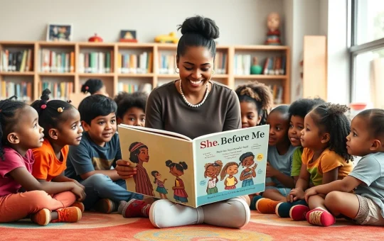 Teacher reading 'She, Before Me' book to diverse children during Women's History Month educational session.