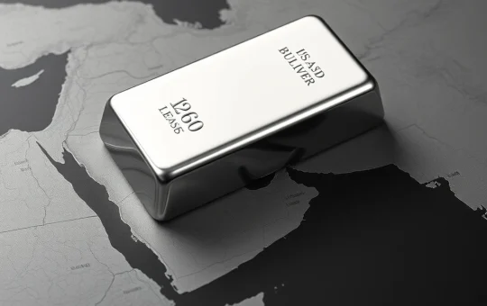 Silver bullion bar on a Middle East map analyzing silver price rally during US-Israel-Iran conflict.