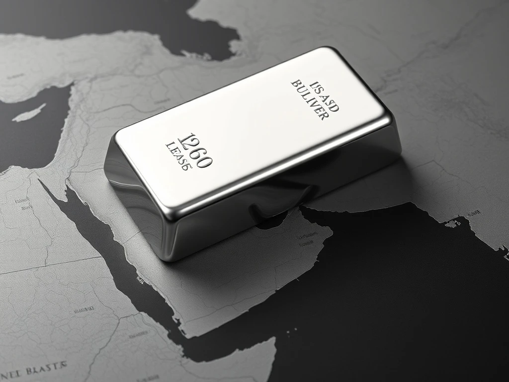 Silver bullion bar on a Middle East map analyzing silver price rally during US-Israel-Iran conflict.
