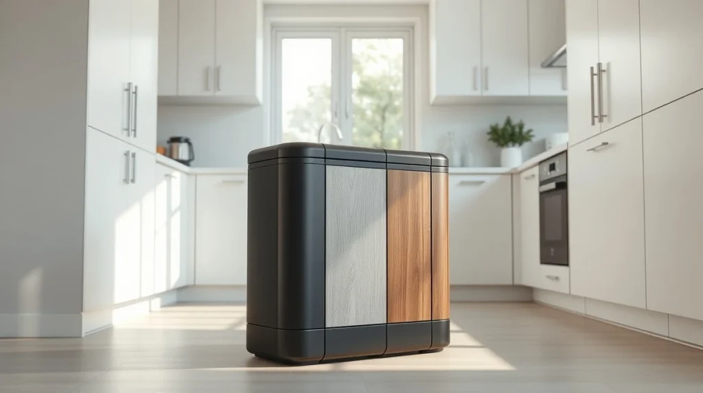 Sinoware modular decorative trash can in modern kitchen setting showing customizable home organization solution