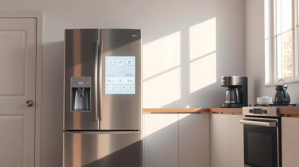 Modern smart kitchen with connected refrigerator, oven, and coffee maker demonstrating home automation technology.