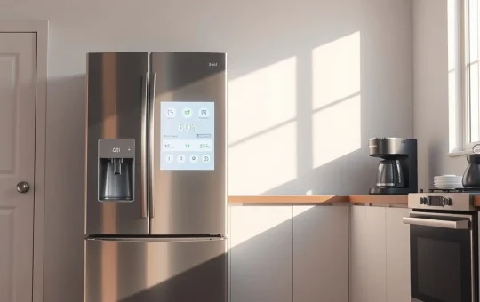 Modern smart kitchen with connected refrigerator, oven, and coffee maker demonstrating home automation technology.