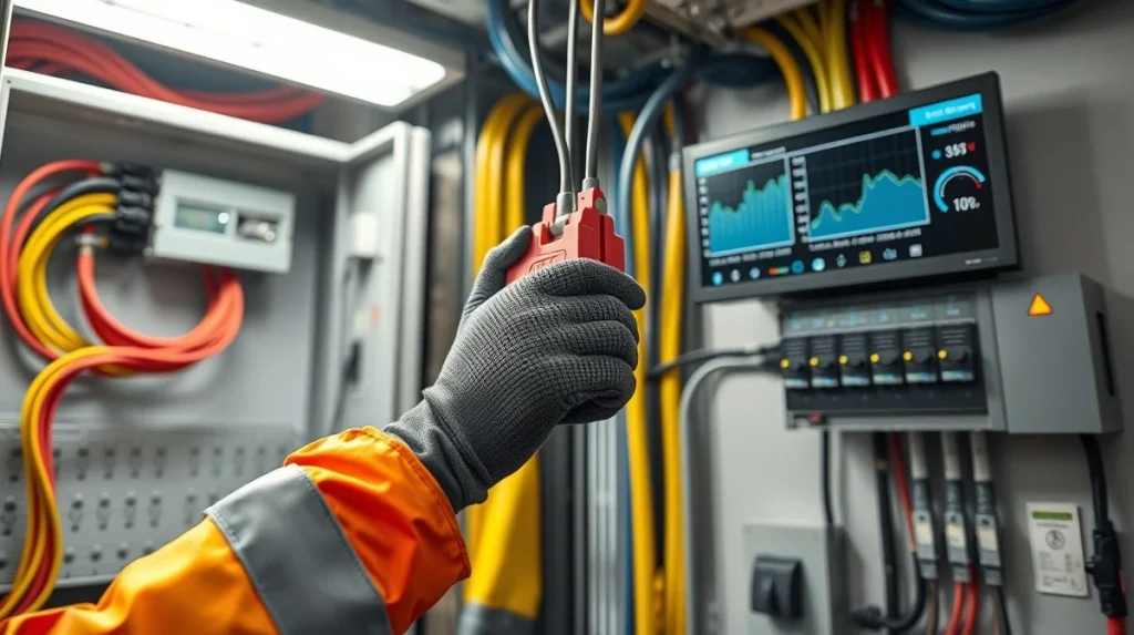 Industrial technician installing clamp sensors for smart energy monitor 3-phase power monitoring system