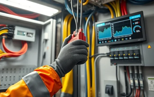 Industrial technician installing clamp sensors for smart energy monitor 3-phase power monitoring system