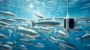 Smart fish counting technology in use at a modern salmon aquaculture facility with underwater sensors.