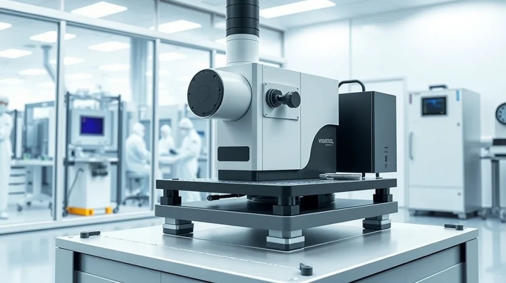 High-precision scientific instrument on a smart material active vibration isolator in a cleanroom laboratory setting.
