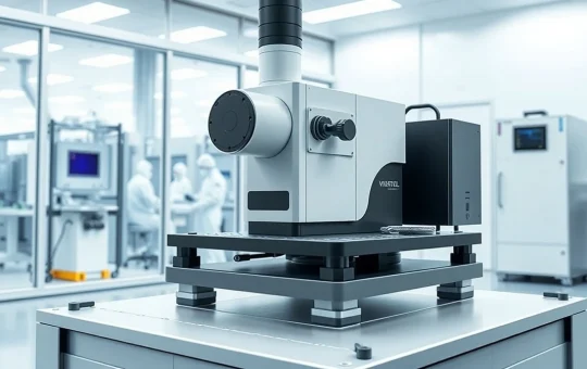 High-precision scientific instrument on a smart material active vibration isolator in a cleanroom laboratory setting.