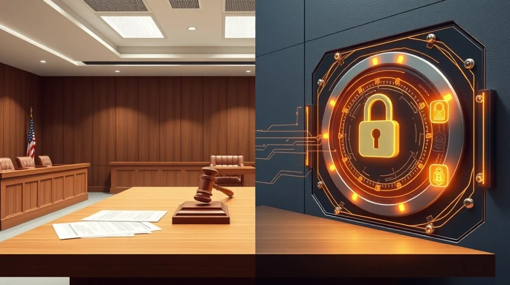 Legal documents and digital vault interface representing Solana lawsuit and Taurox cryptocurrency custody technology