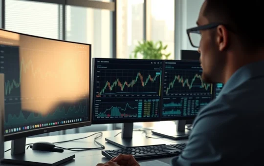 Analyst reviewing Stellar XLM cryptocurrency price charts and network data on trading desk monitors.