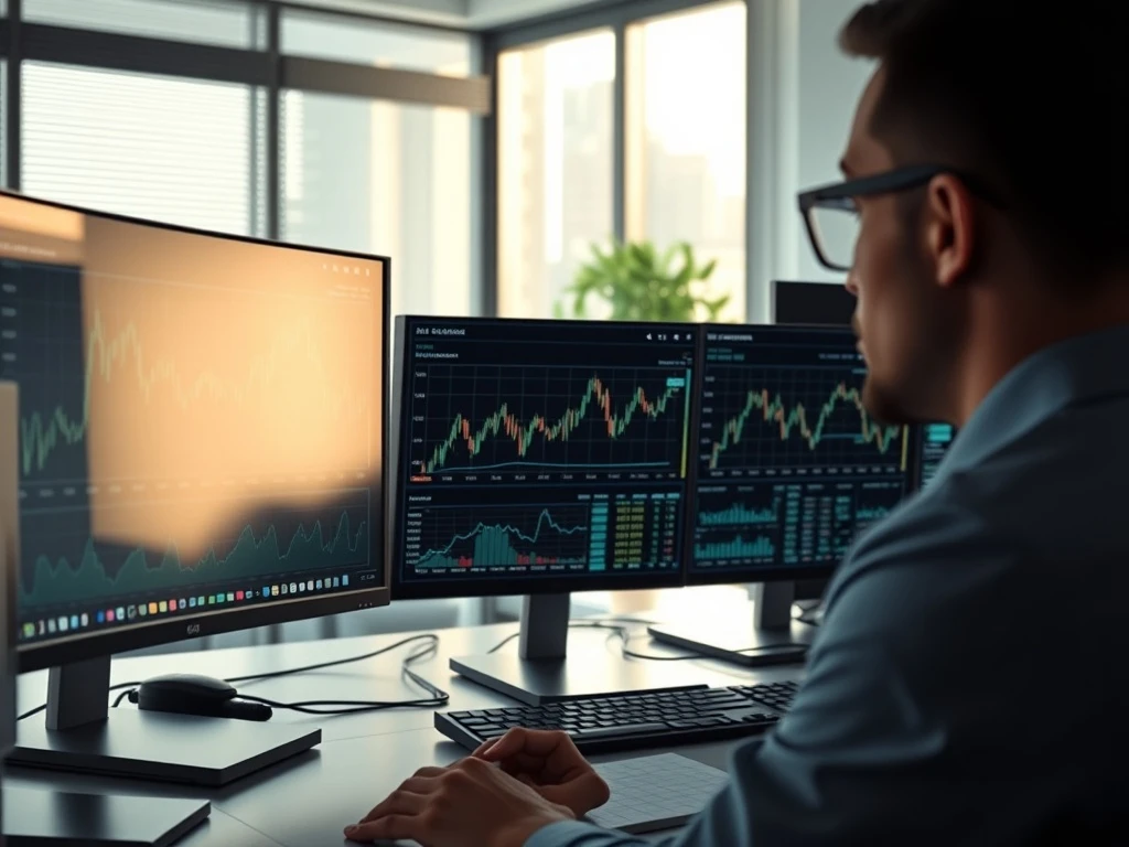 Analyst reviewing Stellar XLM cryptocurrency price charts and network data on trading desk monitors.