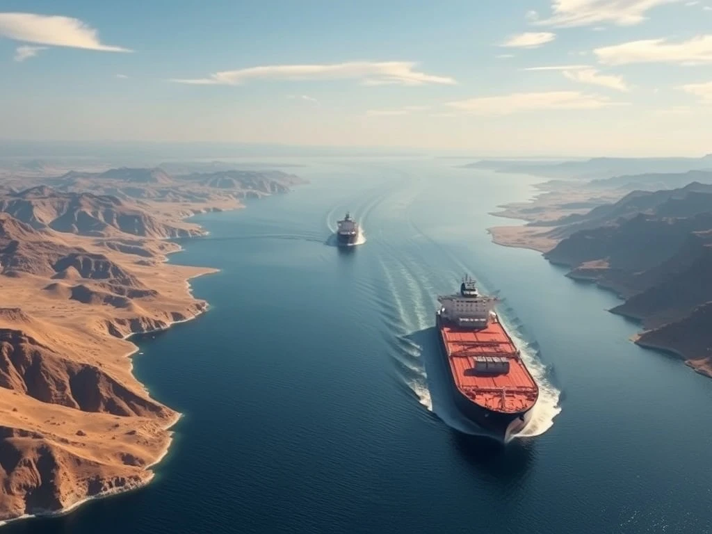 Oil tanker navigating the strategic Strait of Hormuz during geopolitical crisis impacting oil and Bitcoin prices.