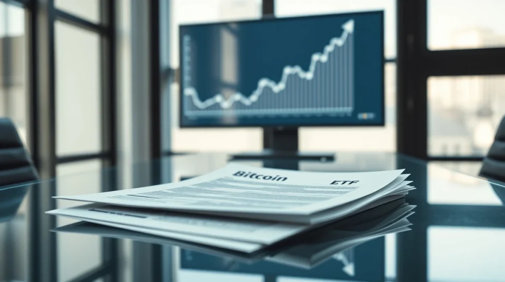 Document for the Strive and Tuttle Bitcoin credit ETF filing on a desk.