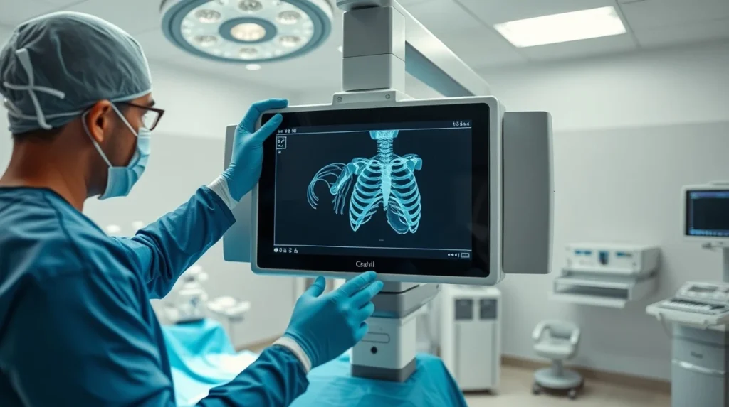 Surgeon using a C-arm surgical imaging system in a modern operating room for precise medical procedures.