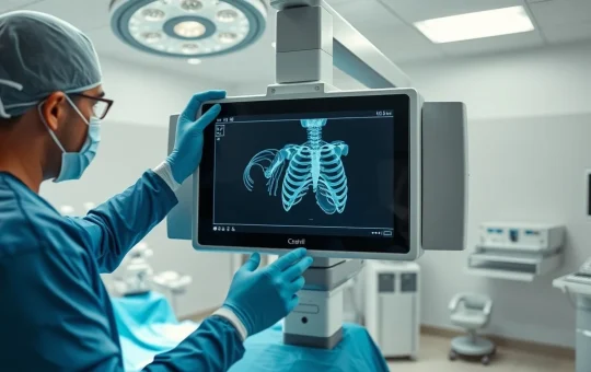 Surgeon using a C-arm surgical imaging system in a modern operating room for precise medical procedures.