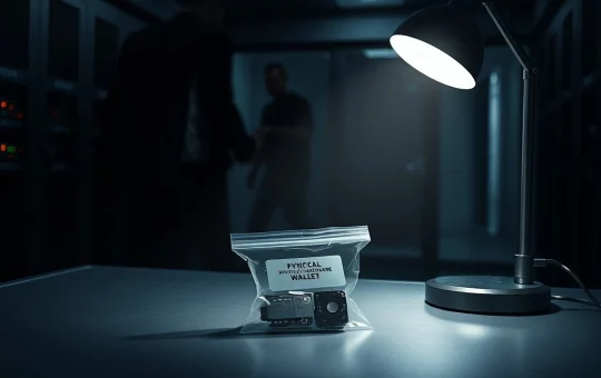 Evidence in the $46M seized crypto assets heist case, showing a hardware wallet in a forensic setting.