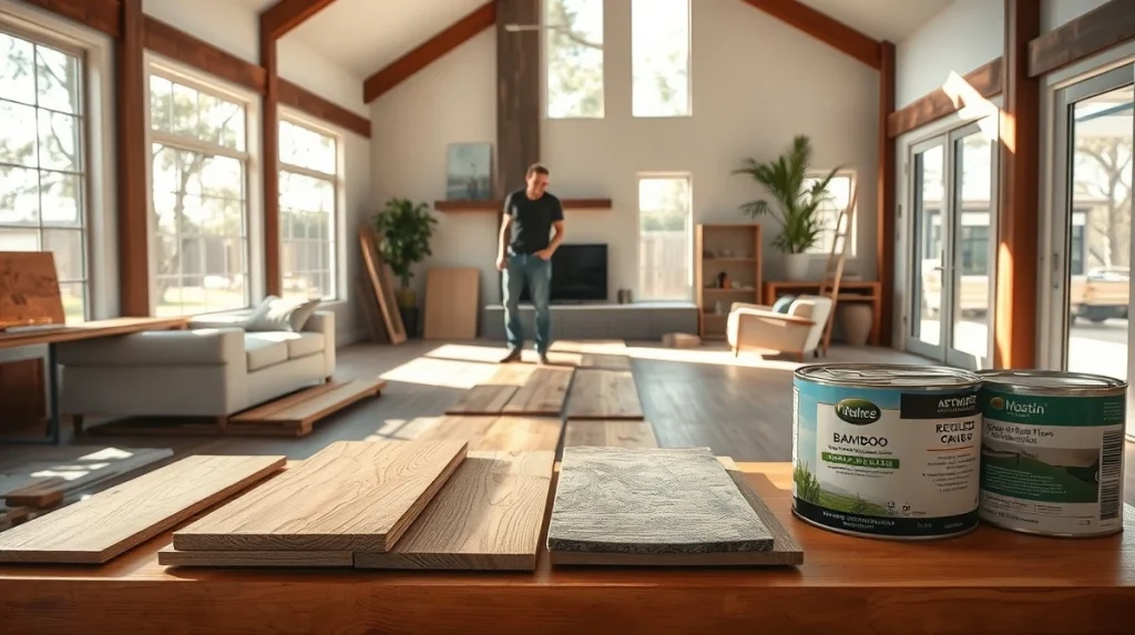 Sustainable home renovation in Austin featuring installation of reclaimed wood flooring and eco-friendly material samples.