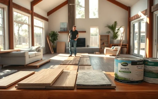 Sustainable home renovation in Austin featuring installation of reclaimed wood flooring and eco-friendly material samples.