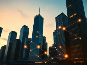 Financial district skyline with a digital blockchain network overlay representing Tether's growth.