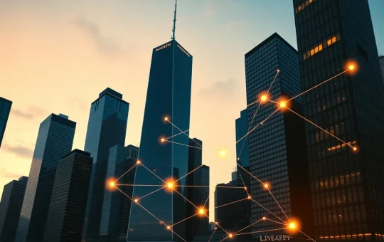 Financial district skyline with a digital blockchain network overlay representing Tether's growth.