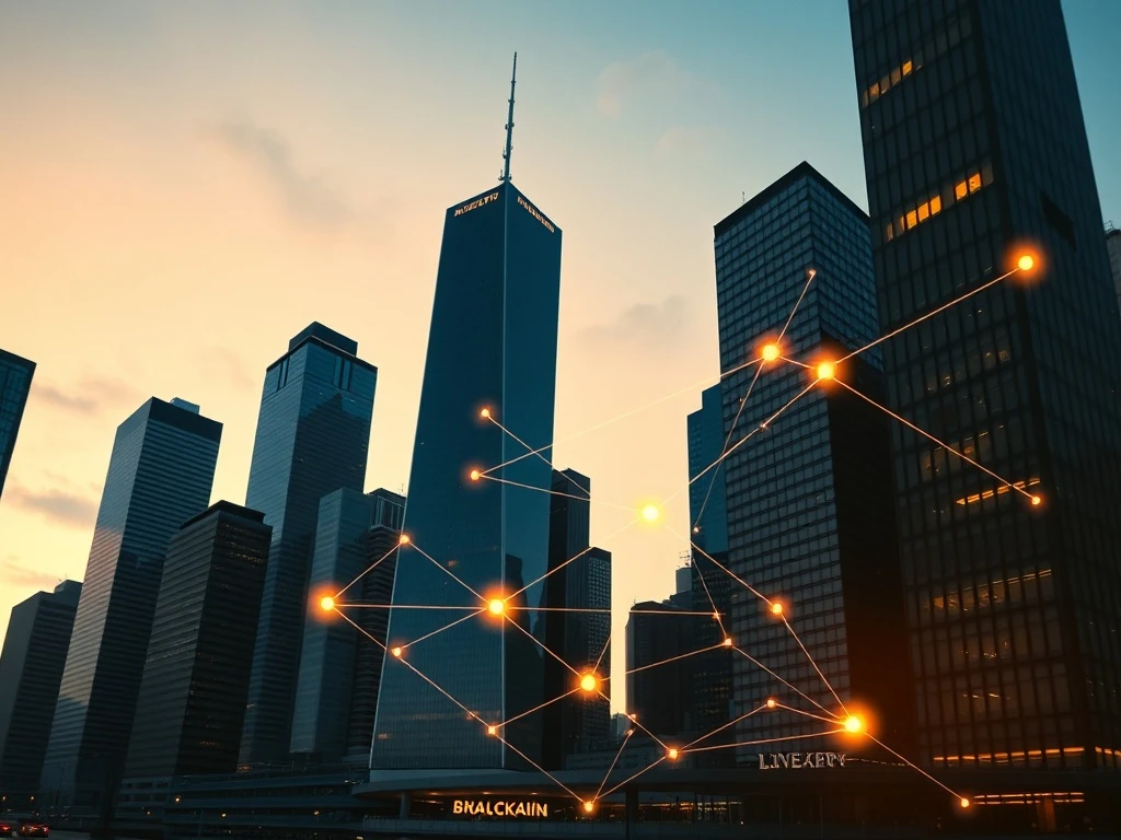 Financial district skyline with a digital blockchain network overlay representing Tether's growth.