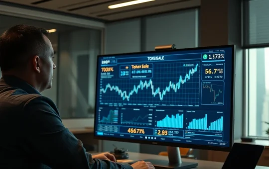 Professional investor analyzing blockchain data and TOKENWIRE presale metrics on a digital screen.