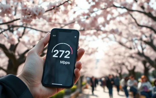 Smartphone showing 272 Mbps speed test at Tokyo cherry blossom site demonstrating travel eSIM performance
