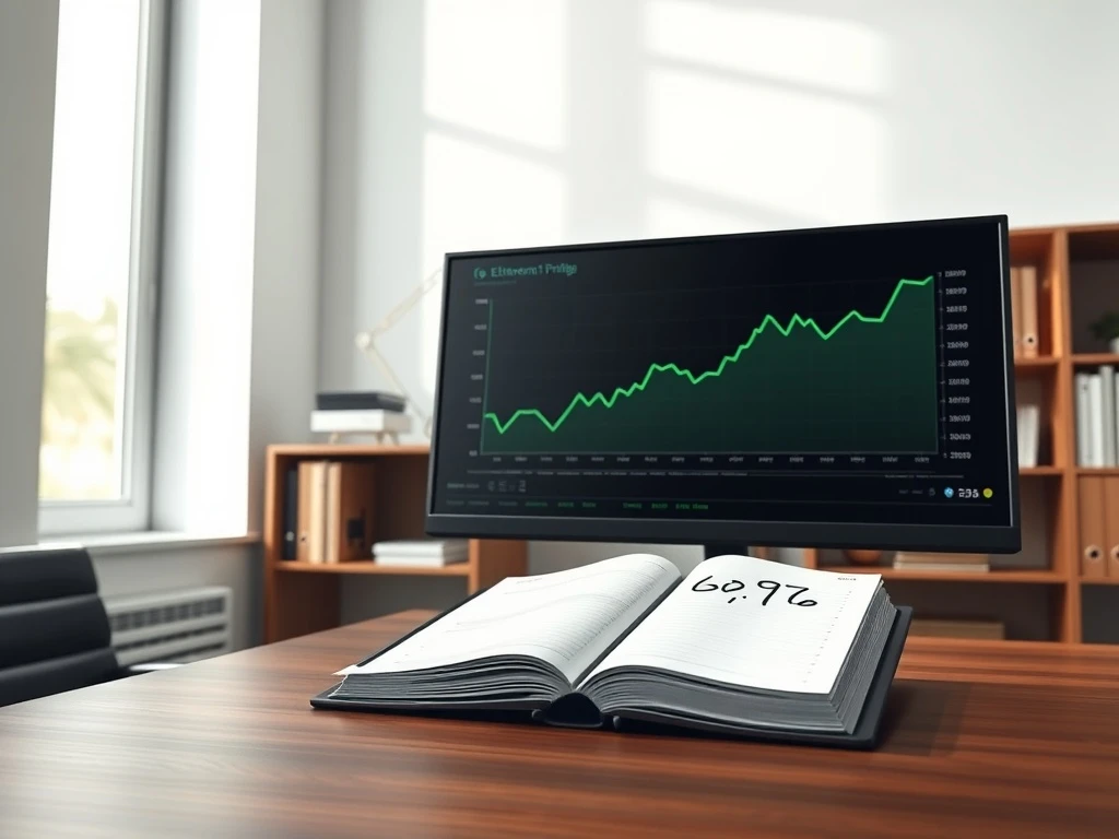 Tom Lee Bitmine 60,976 ETH purchase shown on financial monitor with ledger in professional office setting.
