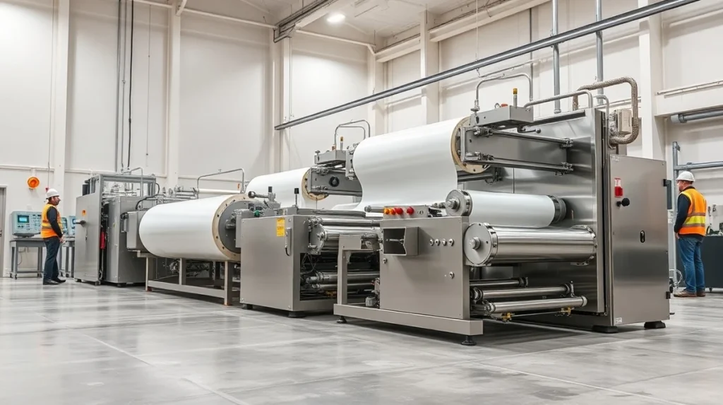 Industrial cast film production line operation in a Middle East manufacturing facility for packaging materials