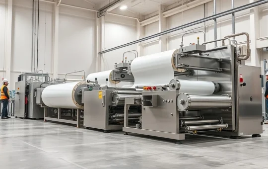 Industrial cast film production line operation in a Middle East manufacturing facility for packaging materials