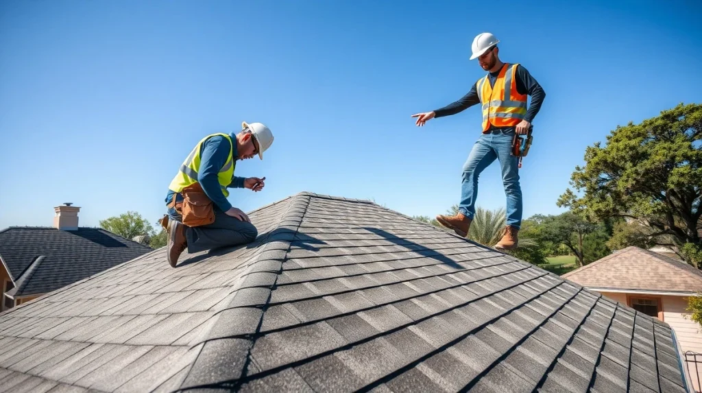 Professional roofing technicians from TrueTex conducting a detailed roof inspection on a Central Texas home.