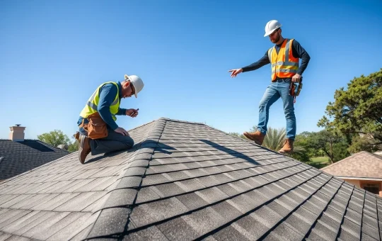 Professional roofing technicians from TrueTex conducting a detailed roof inspection on a Central Texas home.