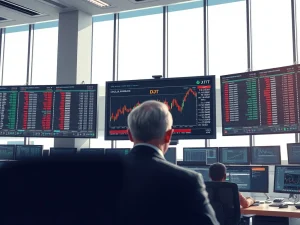 Trading floor monitor showing volatile DJT stock chart amid Trump Media manipulation allegations.