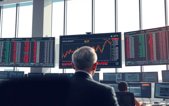 Trading floor monitor showing volatile DJT stock chart amid Trump Media manipulation allegations.