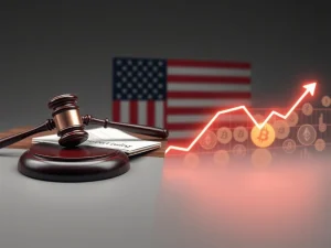 Supreme Court gavel and rising crypto market graph symbolize Trump tariff ruling impact.