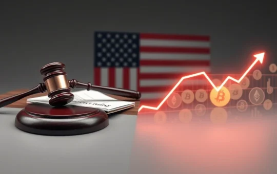 Supreme Court gavel and rising crypto market graph symbolize Trump tariff ruling impact.