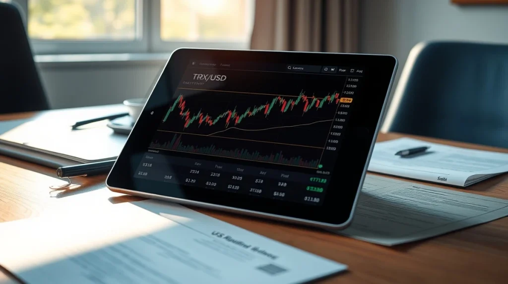 TRX cryptocurrency market analysis with U.S. regulatory documents in background