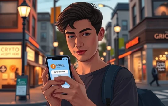 Person using ULTIMA crypto platform on smartphone for everyday purchases in city setting